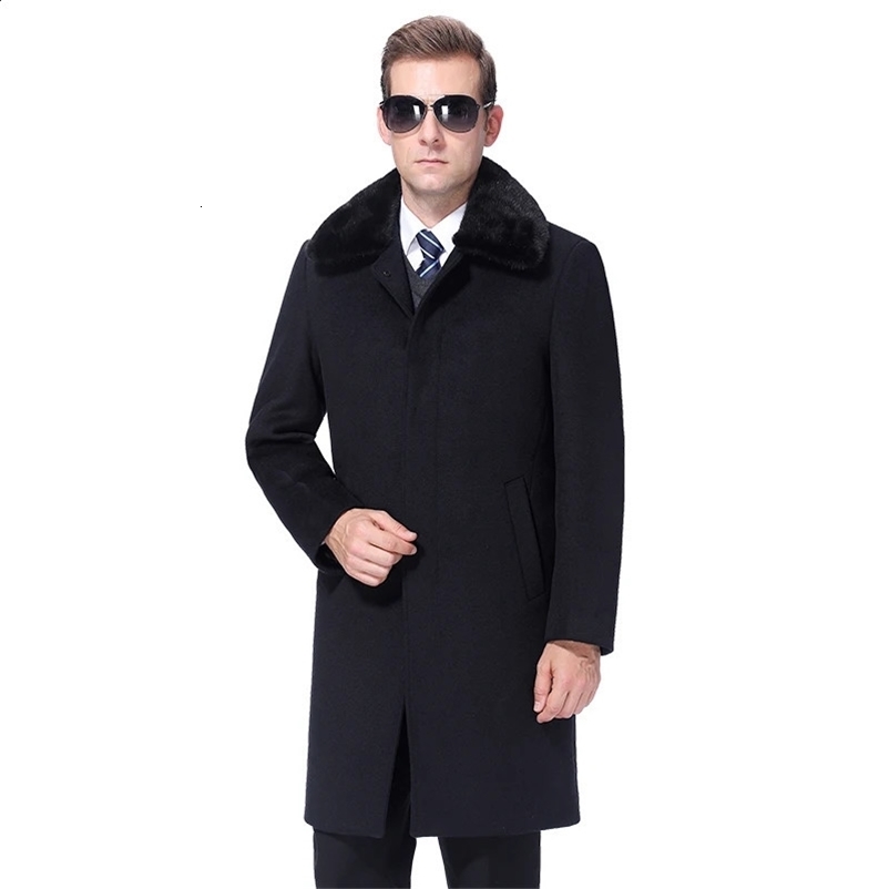 Winter Men Woolen Coat Warm Wool Coat Men Overcoat Cashmere Peacoat Wool Blend Long Jacket Real Rabbit Fur Collar Fur Liner 241223bj