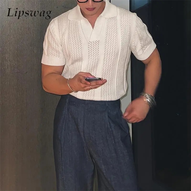 Sexy Hollow Out Knitted Polo Shirts Men Trendy Solid Color Short Sleeve Lapel Knit Tops Summer Mens Slim Knitting Mesh Polo Tees 241227