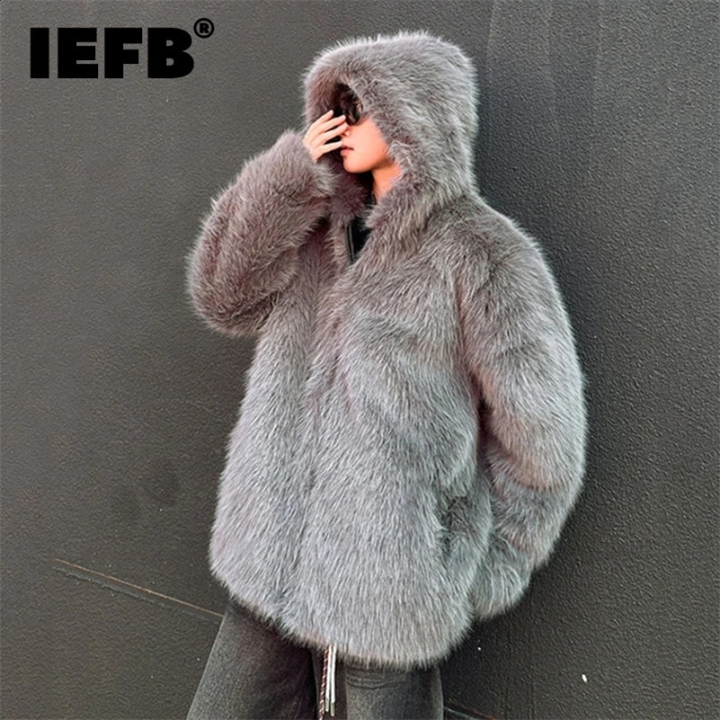 IEFB Fashion Mens Faux Fur Jacket Hooded Zipper Warm Coat 2024 Autumn Winter Fashion Solid Color Jackets 9C9257 241227