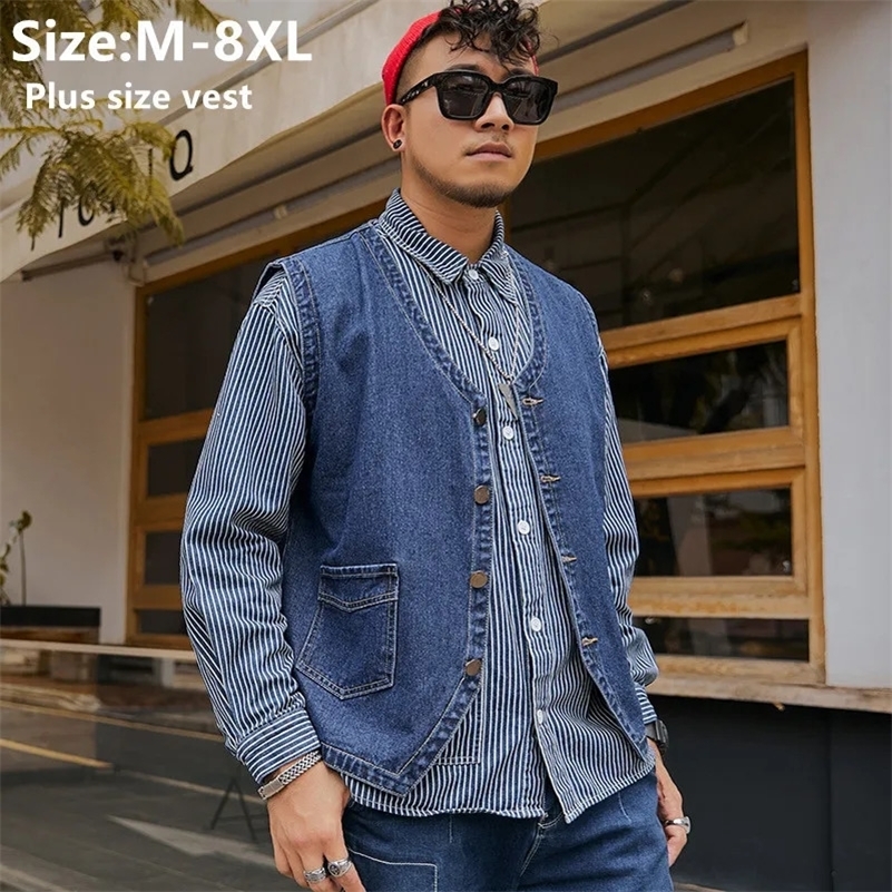 Denim Waistcoat Men Sleeveless Jacket 8XL 7XL Casual Plus Size 6XL 5XL Jean Loose Black Blue Motorcycle Vest Streetwear 240802