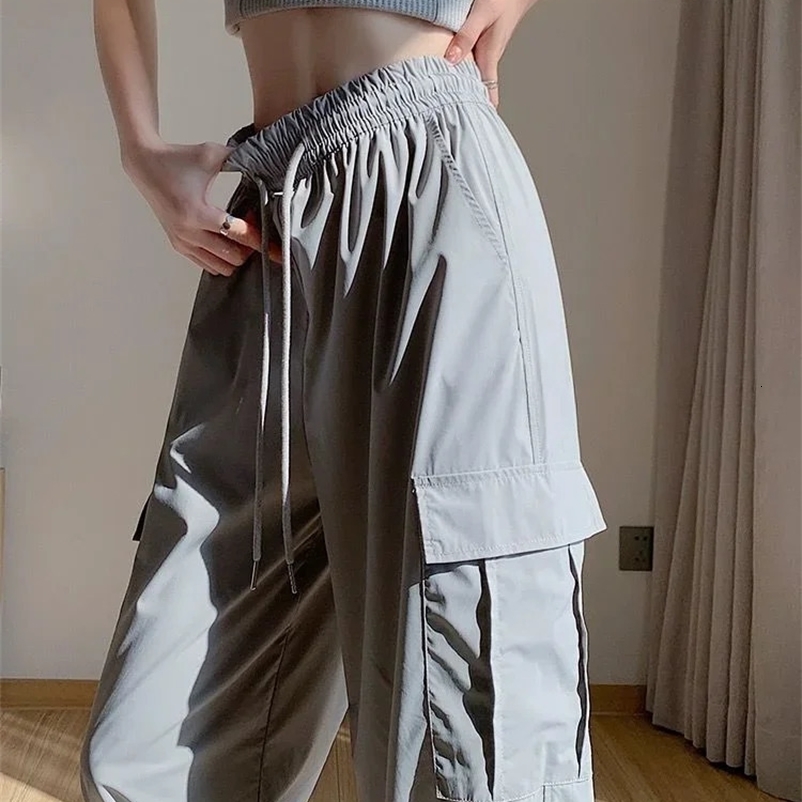 Womens summer cargo pants wide legs high waist handle womens Trouser ice silk casual G autumn clothing fashionable and elegant 250410