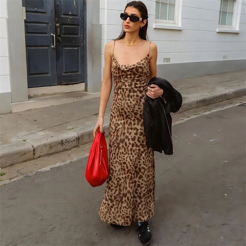 Vintage Leopard Print Chiffon Sexy Cami Dress Women V Neck Sleeveless Party Dress Fashion Summer Streetwear Dress 250225