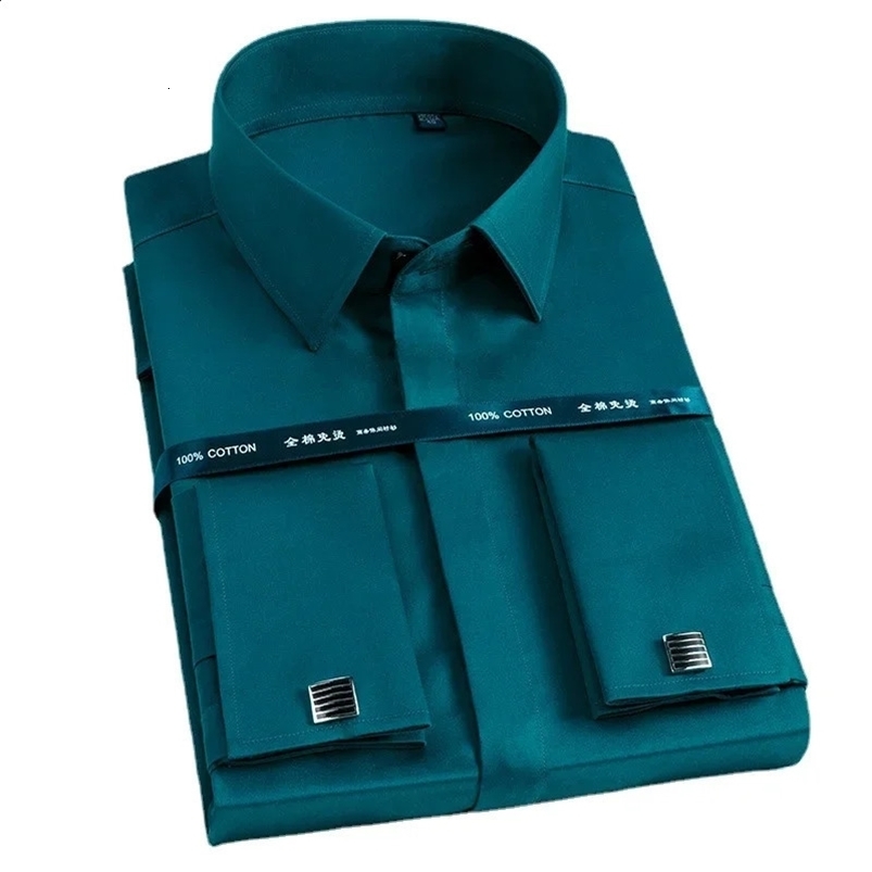 Quality Cotton 100% French Cufflinks Solid Hidden Button Mens Dress Shirt Formal Standard-fit Long Sleeve French Cuffs Shirts 240816