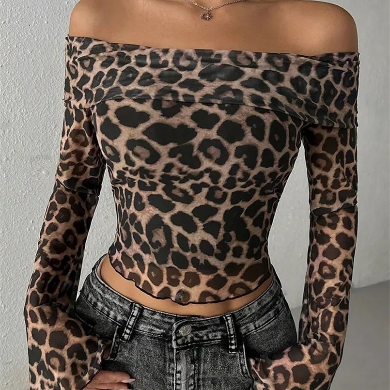 Autumn Womens T-shirt Streetwear Fashion Long Sleeves O-Neck Tees Sexy Leopard Backless Female Versatile Knitted Clothing 250207