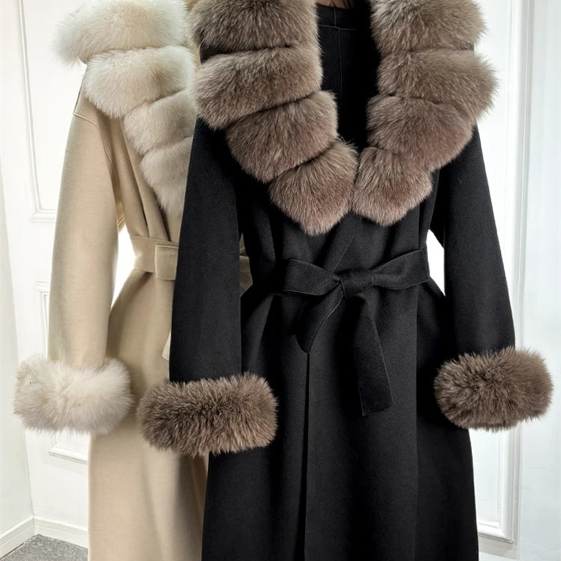 Janveny 2024 autumn winter jacket womens long wool blended cashmere coat with big real fox fur collar for warm streetwear 240909bj