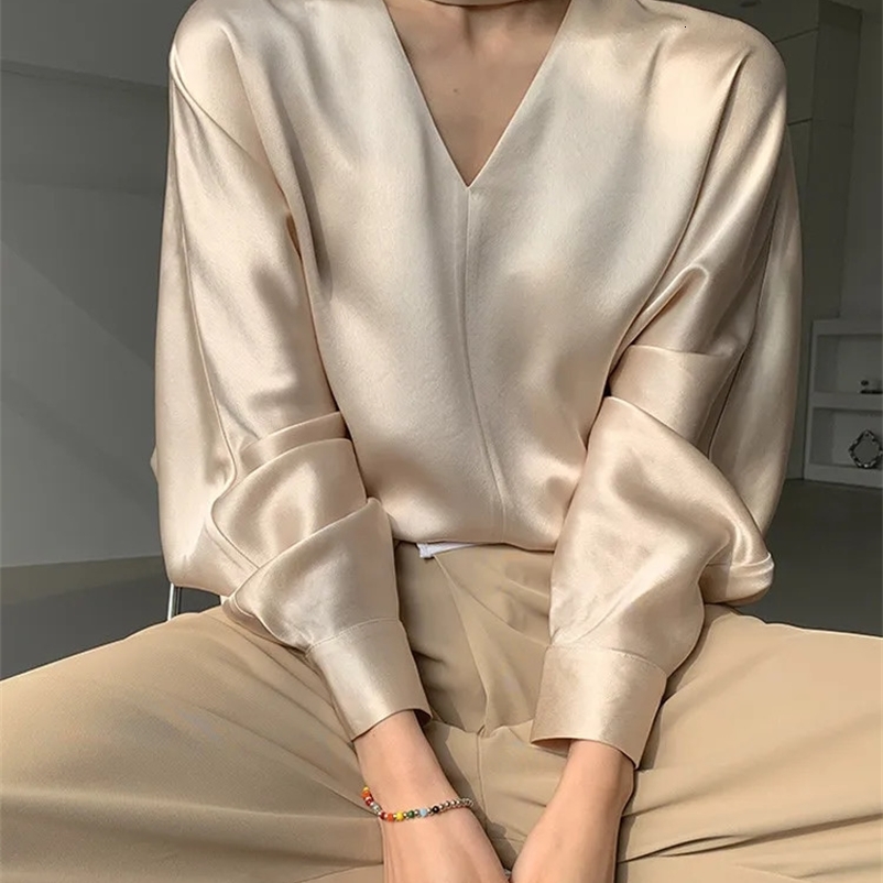 BGTEEVER Elegant V-neck Womens Zipper Top Long Sleeve Loose Womens Satin Shirt Spring Womens Solid Blue 241206bj