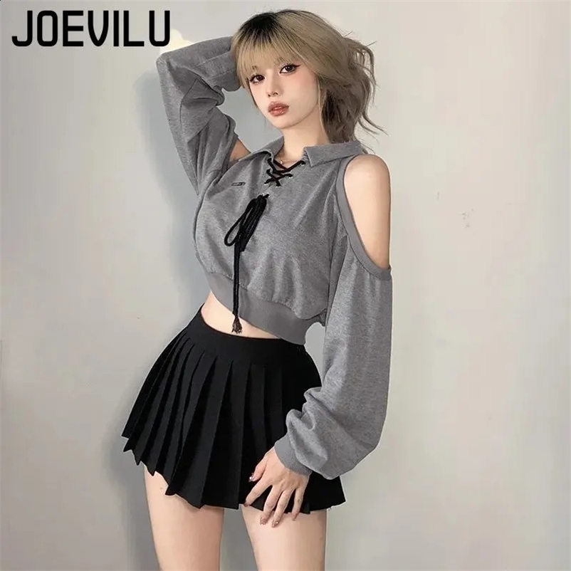 Off Shoulder T-shirt Vintage Lace Hollow Out Polo Neck Long Sleeve Sweatshirt Womens Korean Slim Crop Tops Femme Y2k Casual Tee250324bj