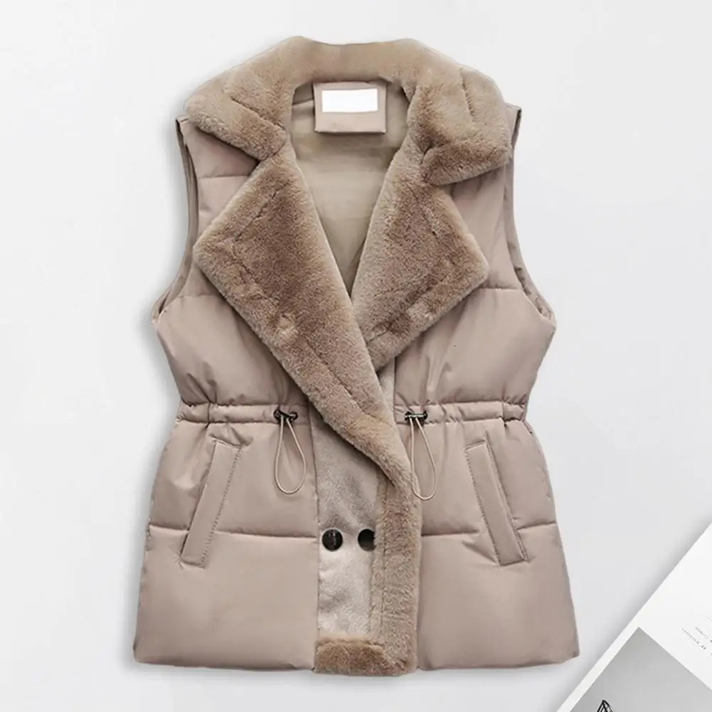 Winter Cotton Fur Integrated Down Vest Womens Puffer Vest Stand Collar Button Down Padded Jacket with Drawstring Waistcoat 250911