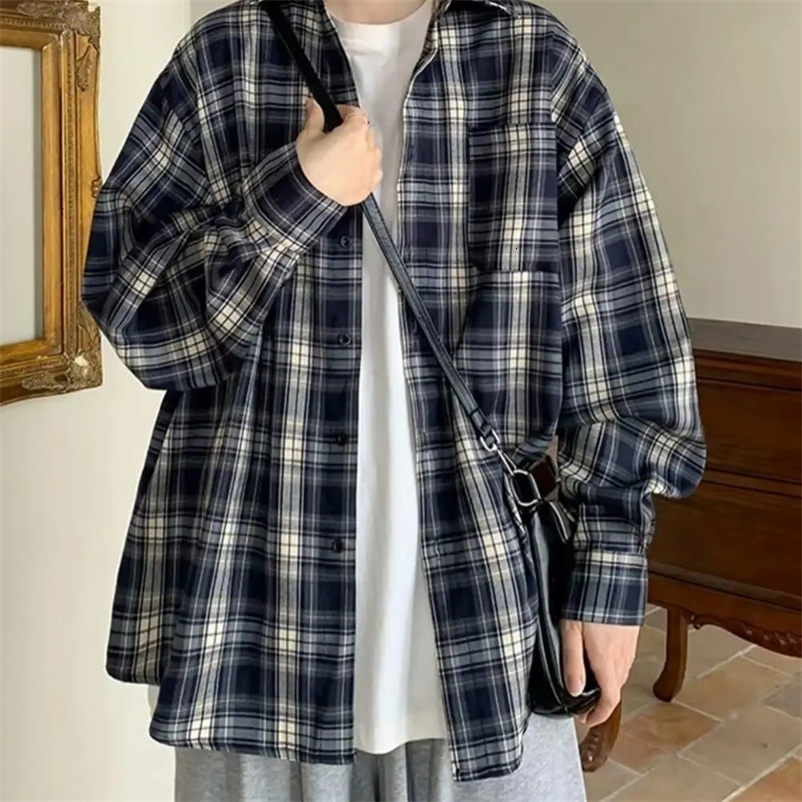 Lapel Collar Shirt Jacket Retro Plaid Print Mens Shirt Coat Long Sleeve Casual Jacket with Single Breasted Pocket for Casual 240615