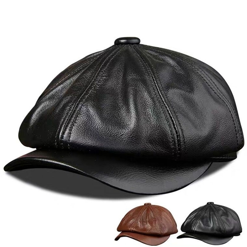 Berets Men s Genuine Leather Warm Octagonal Cap Casual Vintage sboy Golf Driving Flat Cabbie Hat Winter Male Artist Gatsby 230321bj
