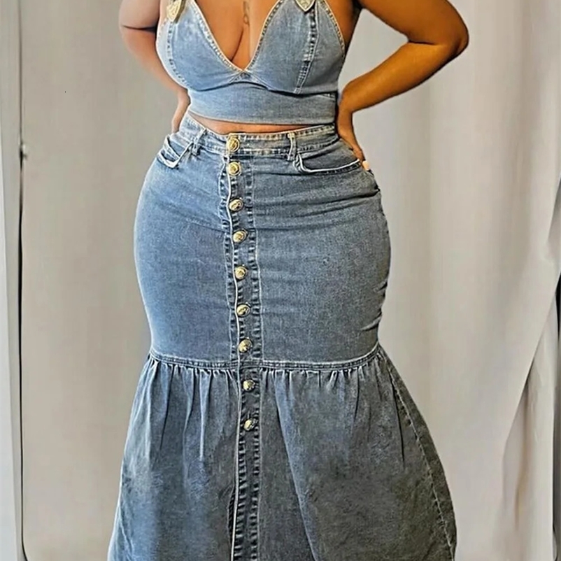 Plus Size Party Blue V-neck Denim Two Piece Ski Set 241206bj