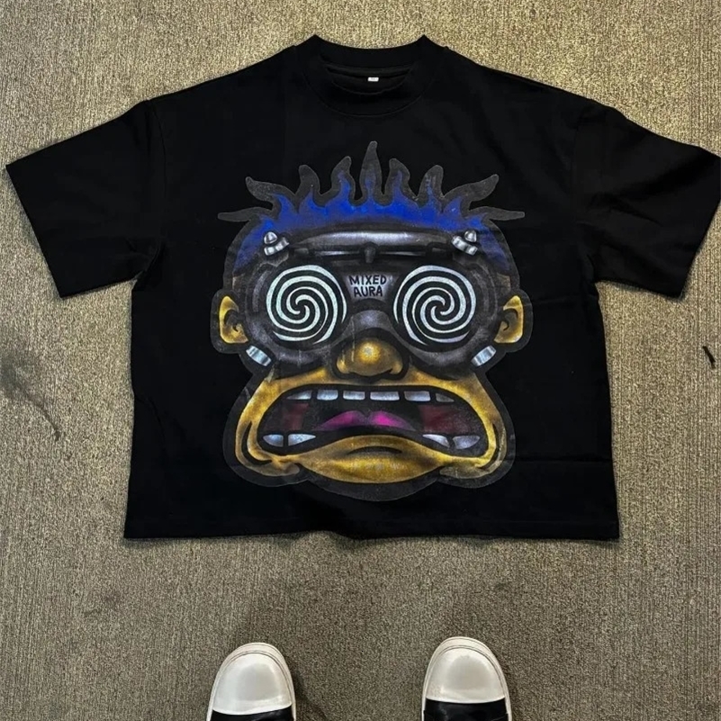 American Fashion Goth Big Head Cartoon Print Oversized T-Shirt Mens Y2K Street Hip-Hop Harajuku Loose Casual Couple Clothes 241224