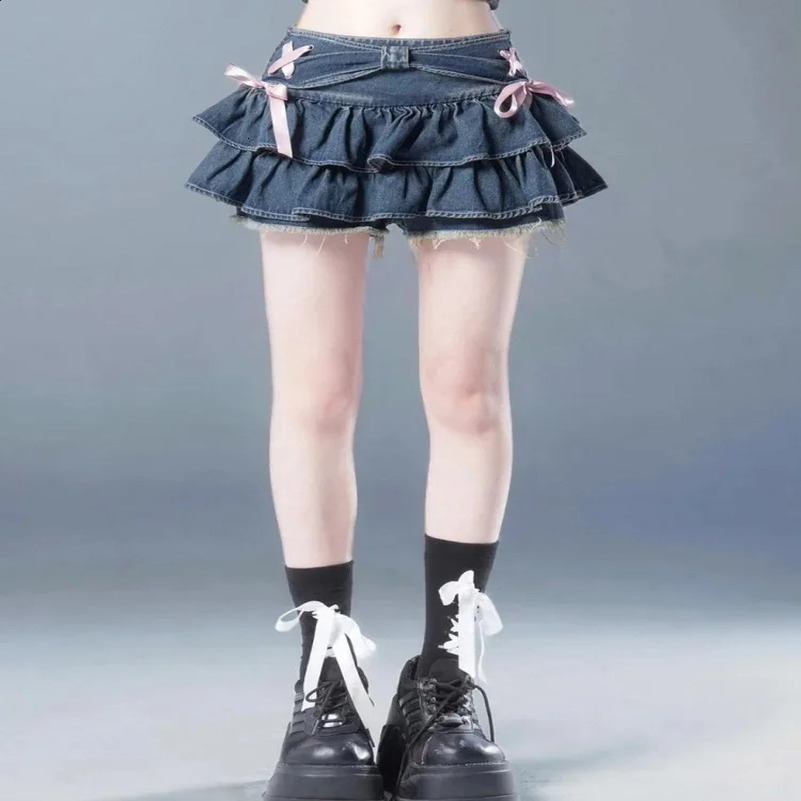 Blue Denim Pleated Skirt Bow Fold n Womens A-line Short Skirt Built in Shorts American Spicy Korean Fashion sweet 250411