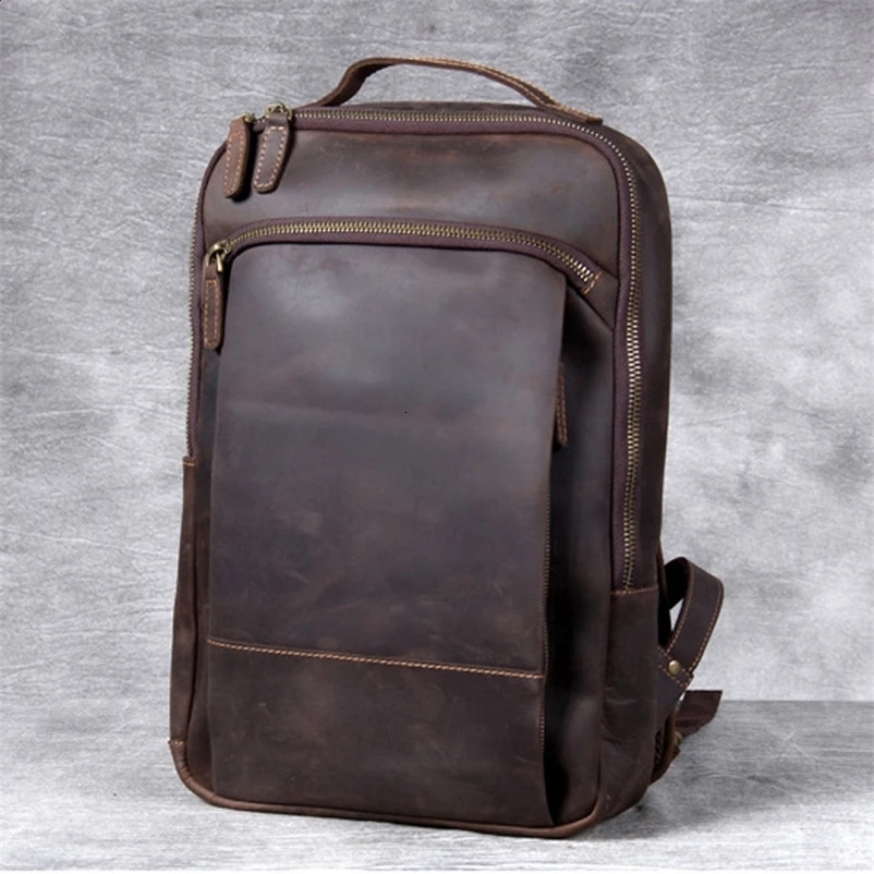 Vintage Crazy Horse Genuine Leather Backpack Men Backpack Laptop Leather Daily Bagpack Male Rucksack Trave Hiking Knapsack Large 250516bj