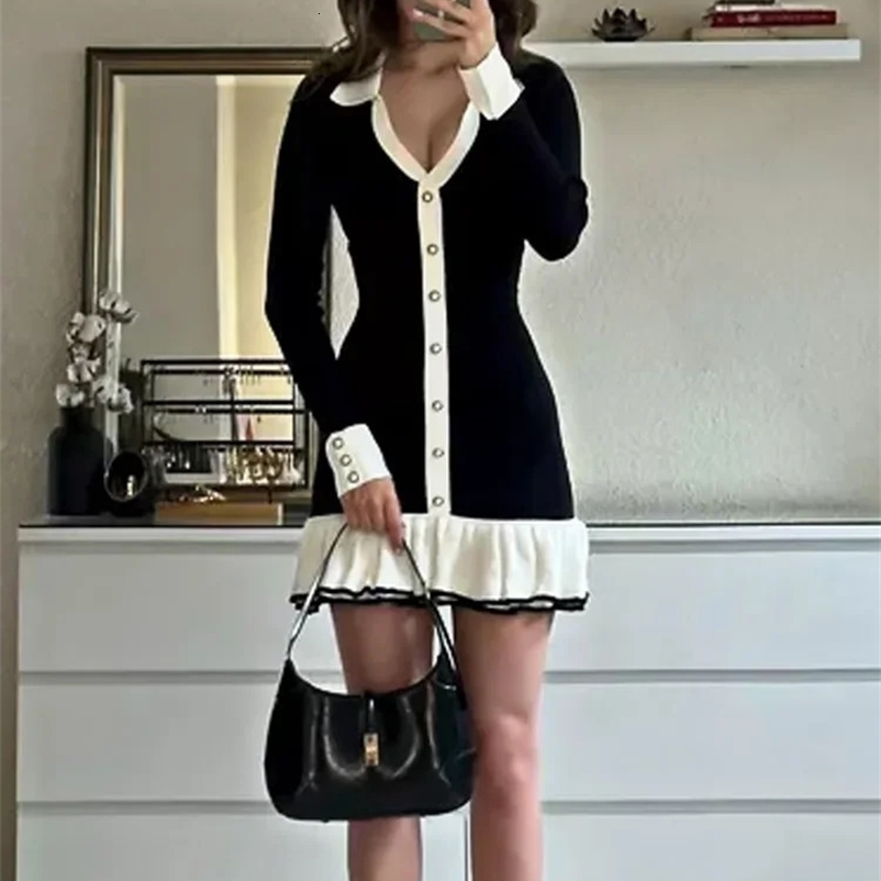 Tossy Ruffled Bow Knit Mini Dress Womens Summer Backless Contrast Cardigan Lace-Up Elegant Dress Female Knitwear Bandage Dress 240828
