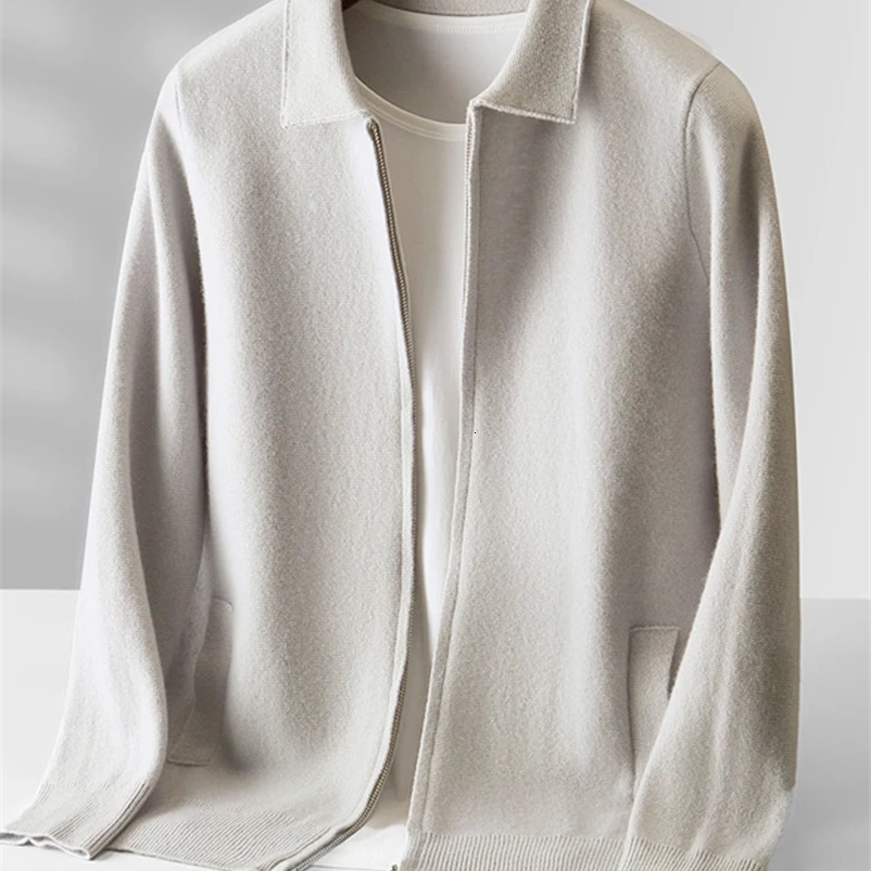 Addonee Mens Zipper Polo Cardigan 100% Merino Wool Sweater High Quality Smart Casual Cashmere Knitwear Spring Autumn Coat Tops 240823
