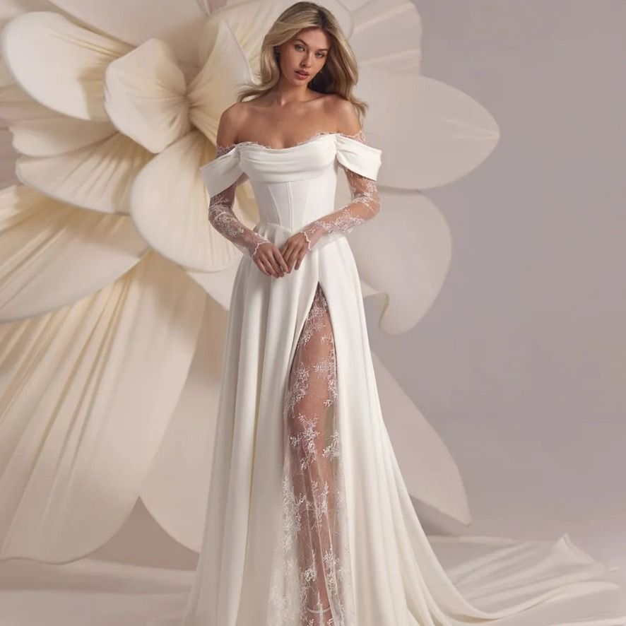 Exquisite Lace Side Split A Line Wedding Dress Bridal Gown Off the Shoulder Long Sleeve Satin Wedding Gown Robe De Mariage 0919