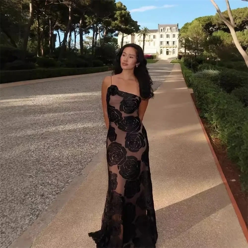 Mingmingxi Black Mesh Birthday Dress for Women One Shoulder Sexy Long Dress Slim Elegant Flower Wedding Guest Party Dresses 250310