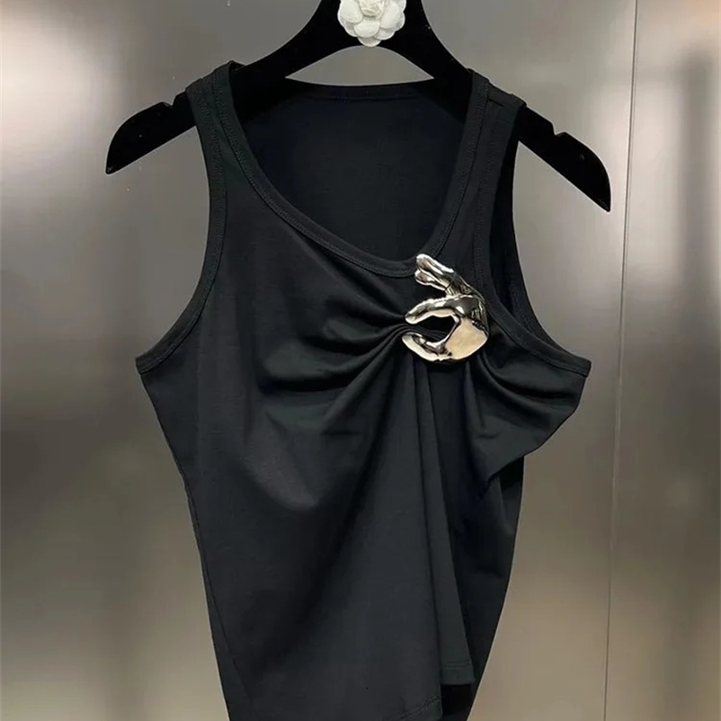 DEAT Trendy Fashion Womens Solid Color Folded Tank Top 2024 Spring Round Neck Sleeveless Tank Top Womens 11X7428 240816bj