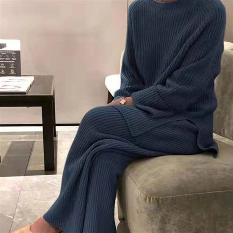 Jocoo Jolee Women Loose Knit Sweater Suit Solid Color O Neck Pullover Wide Leg Pants Suit Autumn Winter 2 Pieces Set Homewear 240920