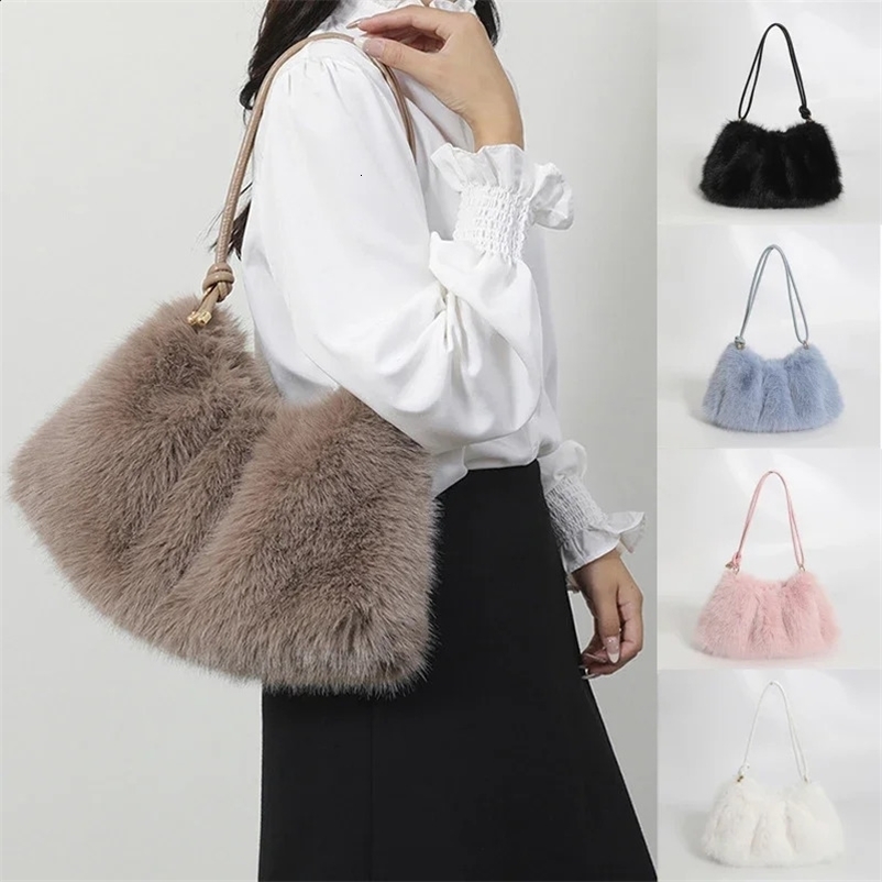 Womens autumn and winter handbag imitates fur fashionable hundred bags solid color large capacity zipper shoulder bag 241204bj