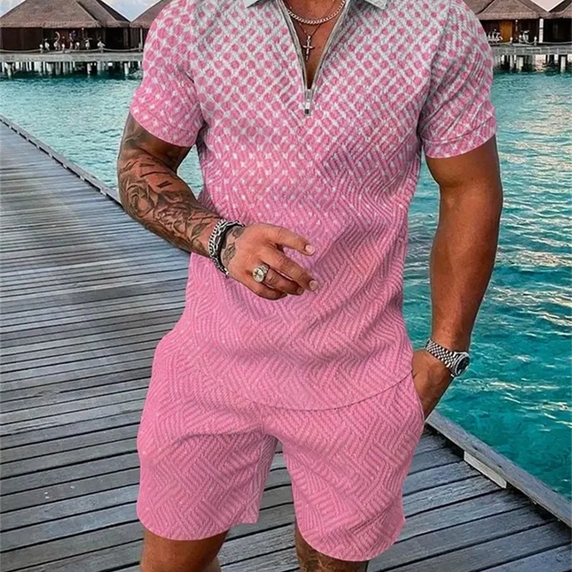 2024 Fall Mens Zipper Lapel Short Sleeve Shirt Shorts Two-piece Fashion Street Polo Shirt Casual Shorts Hawaii Beach Set250222bj