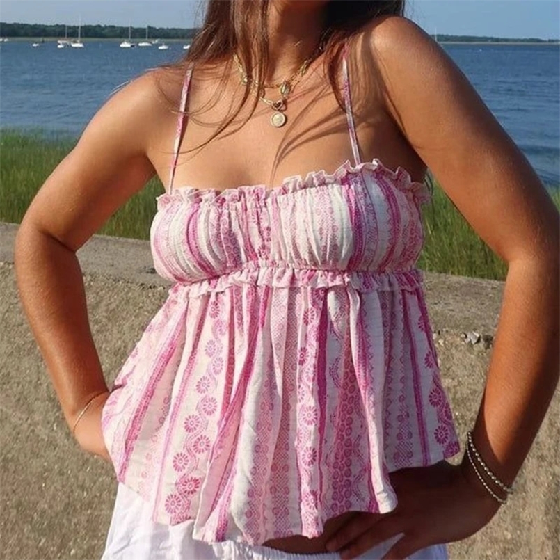 Women Y2k Peplum Tank Top Boho Beach Spaghetti Strap Camisole Aesthetic Frill Trim Sleeveless Shirts Graphic Print Crop Tops 250418