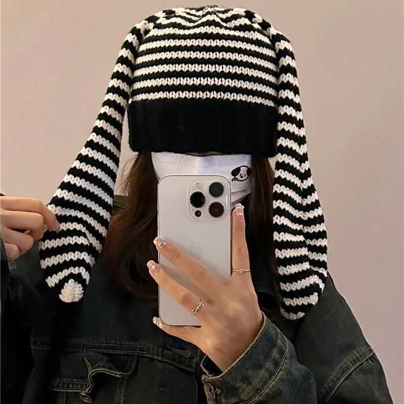 Korean Trendy Brand Autumn and Winter Cute Rabbit Ears Knitted Striped Pullover Wool Hat Womens Warm Ear Protector Cold HatXJ250923