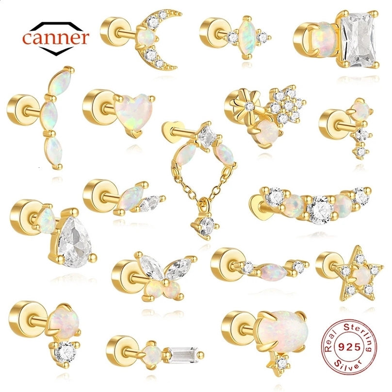 CANNER 1PC Heart-shaped Opal 925 Sterling Silver Threaded Piercing Earring Women Ins Star Moon Butterfly Ear Bone Nail Gift 250424
