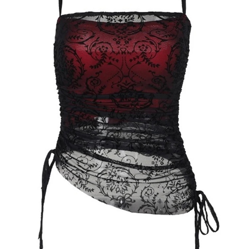 Spaghetti Straps Gothic Short Crop Tops Red Black Vintage Harajuku Strapless Irregular Lace Camis Aesthetic Rock Punk Tanks Top 250418