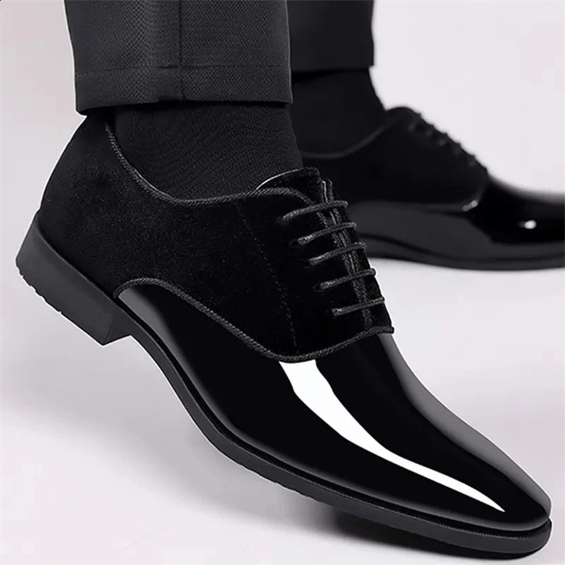 Black PU patent mens leather shoes casual business shoes lace formal office shoes mens party wedding Oxford 240923bj
