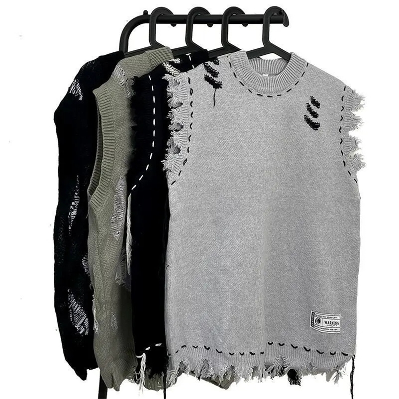 Mens Clothing Waist Tear Knitted Sweater Mens Sleeveless Icon Hippie Y2k Street Clothing Tank Top with Holes South Korea 2024 Autumn Wool A240808bj