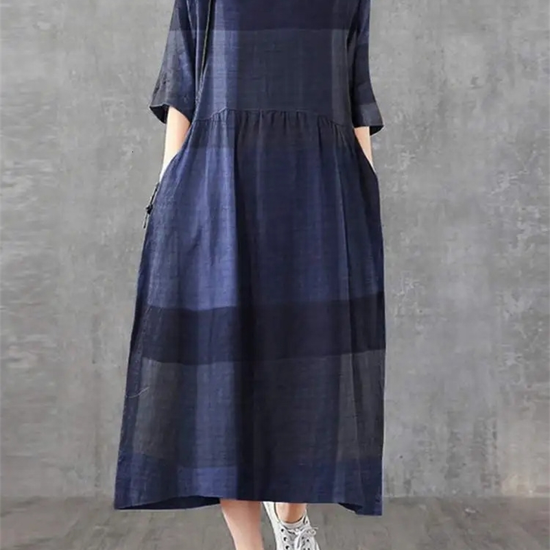 ZANZEA Womens Cotton Linen Dress Retro Plain Half Sleeve Midi Vestidos Casual O-Neck Long Sun Skirt Holiday Pocket Robe250425bj
