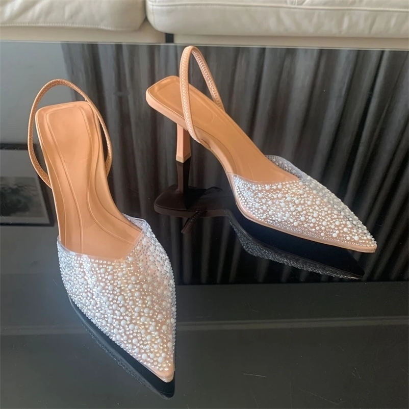 2024 Fashion Summer Women High Heels Pearl Decoration Slingback Woman Pumps Pointed Toe High Heels Sandals Elegant Woman Shoes 250106bj