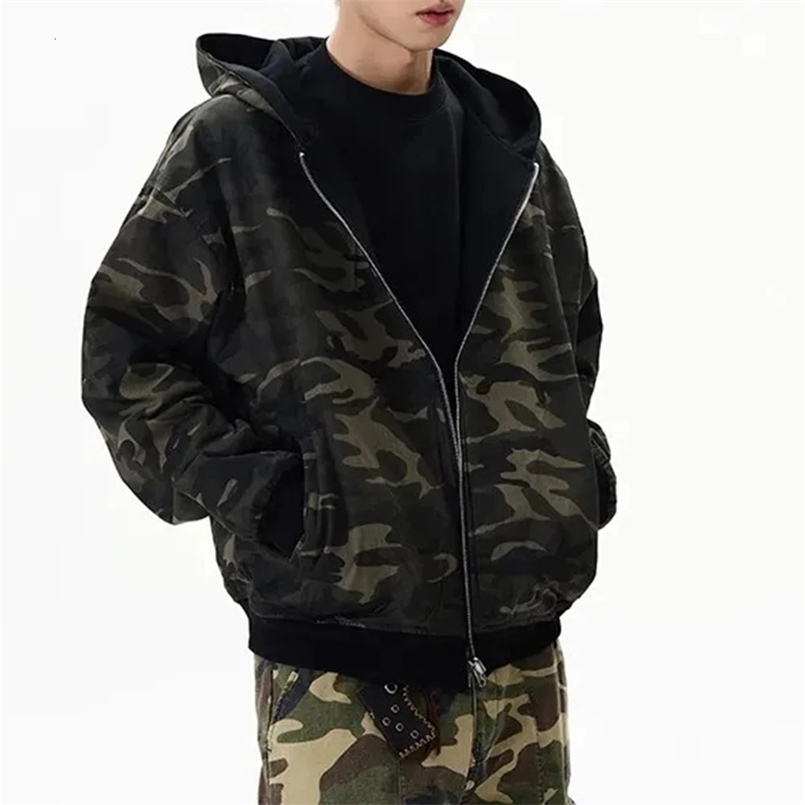 Autumn And Winter American Street Retro Fashion Double-Sided Camouflage Hooded Sweatshirt Unisex Short Cardigan Jacket Tops Men 250219