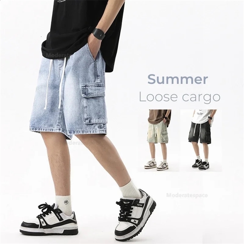 Summer retro mens denim shorts loose straight leg multi pocket shorts with elastic waist and brushed men 250110