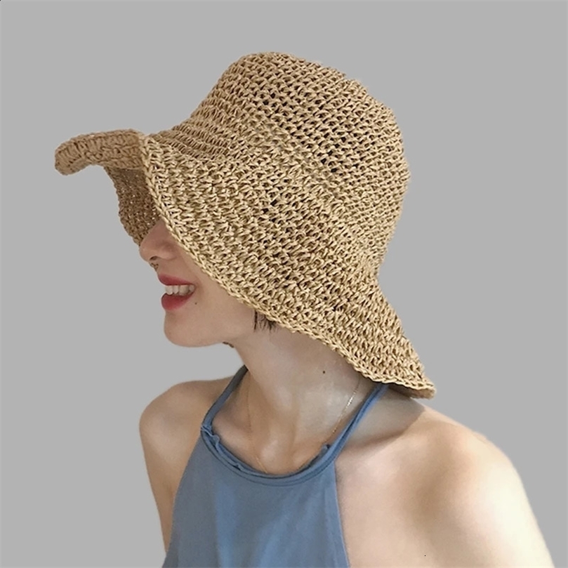 Simple Girl Raffia Sun Hat wide Brim cork summer hat suitable for womens beaches Panama straw hats dome bucket and sun 250313
