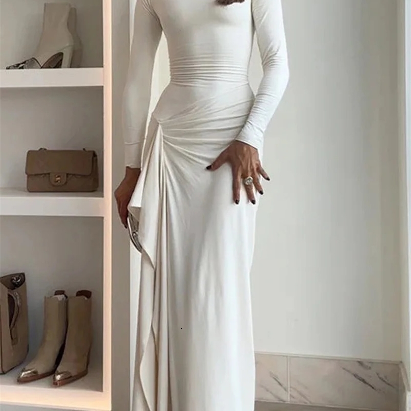 Elegant Ruched Irregular Evening Party Dress Women Solid High Split Slim Long Sleeve Maxi Dresses Party Club Outfits Vestidos Mu 250310