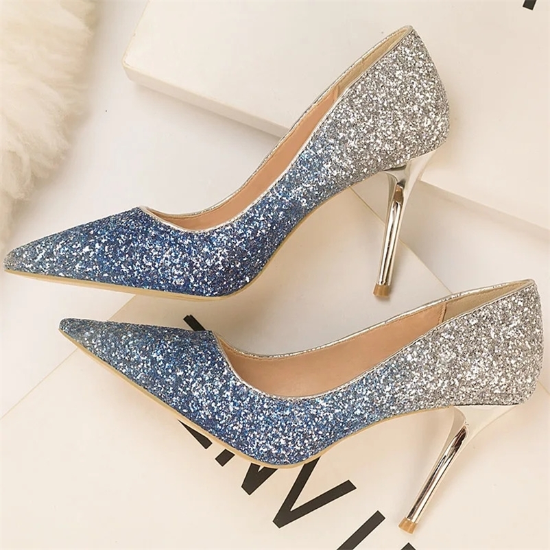 Women 9cm High Heels Glitter Sequins Stiletto Heels Evening Sexy Pumps Lady Wedding Bridal Bling Gold Blue Escarpins Party Shoes 240615bj