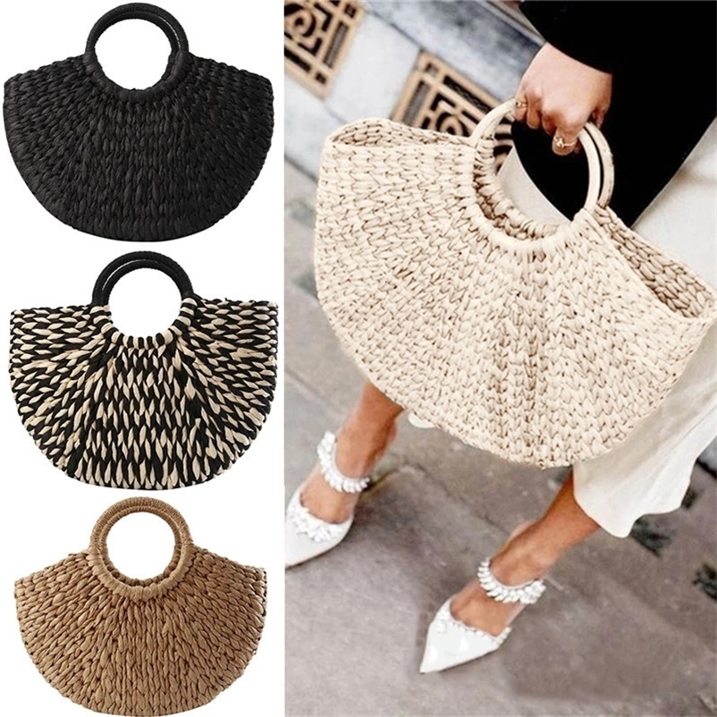 Women Handbag Rattan Wicker Straw Woven Half-round Bag Large Capacity Female Casual Travel Tote Fashion Bolsos Mimbres Paja 250327bj