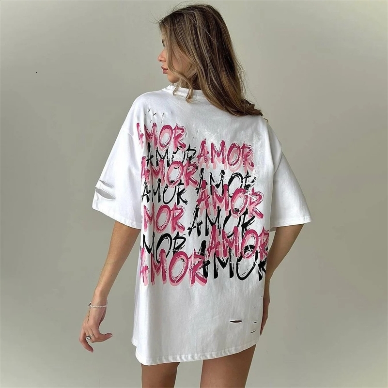 Tops surdimensionnés en vrac surdimensionnés Lettre imprimé T-shirt Femme 2024 Spring Sunmer S Fashion Street Street à manches courtes et à col