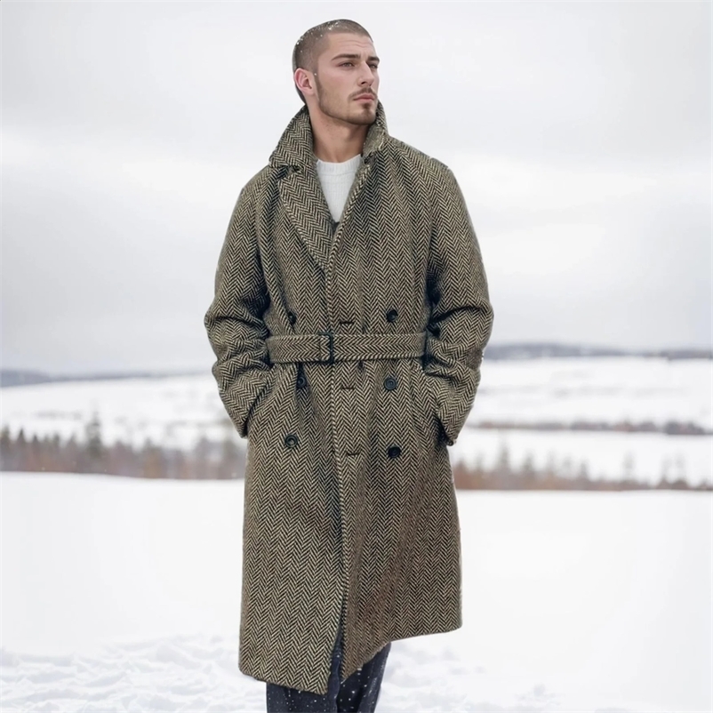 2024 European and American Men Mid-Long Wool Checkered Double-Breasted Casual Cotton-Padded Thickened Coat for Autumn and Winter 241223bj
