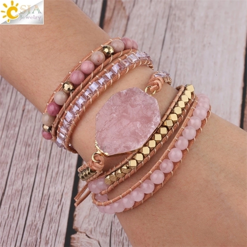 Chain CSJA Natural Stone Bracelet Pink Quartz Leather Wrap Bracelets for Women Rose Gems Crystal Beads Bohemia Jewelry 5 Strand S308 230711