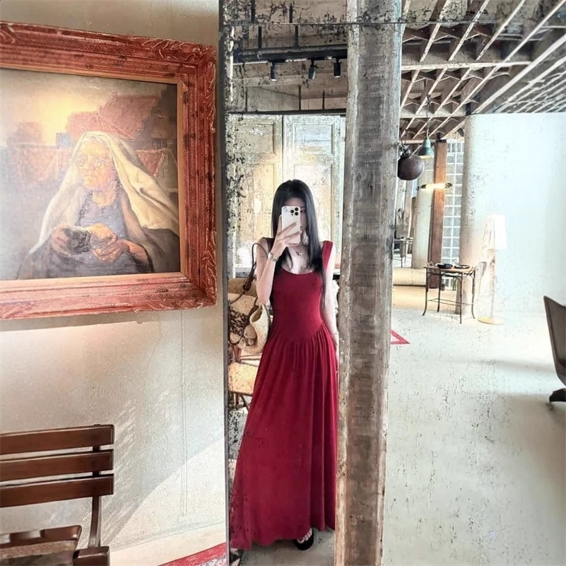 Red Hollow Out Chic Sexy Bodysuit Long Dresses For Women High Waist Sleeveless Elegant Bodycon Maxi Dress Summer 240724