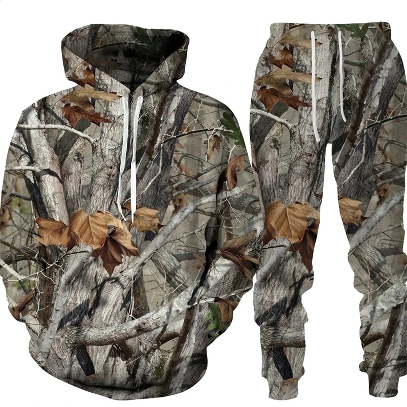 Spring and Autumn Leaf Camouflage 3D Hoodie Womens Track and Field Clothing Outdoor Sports Clothing Mens Clothing Set Super Large Hoodie Pants Set 2