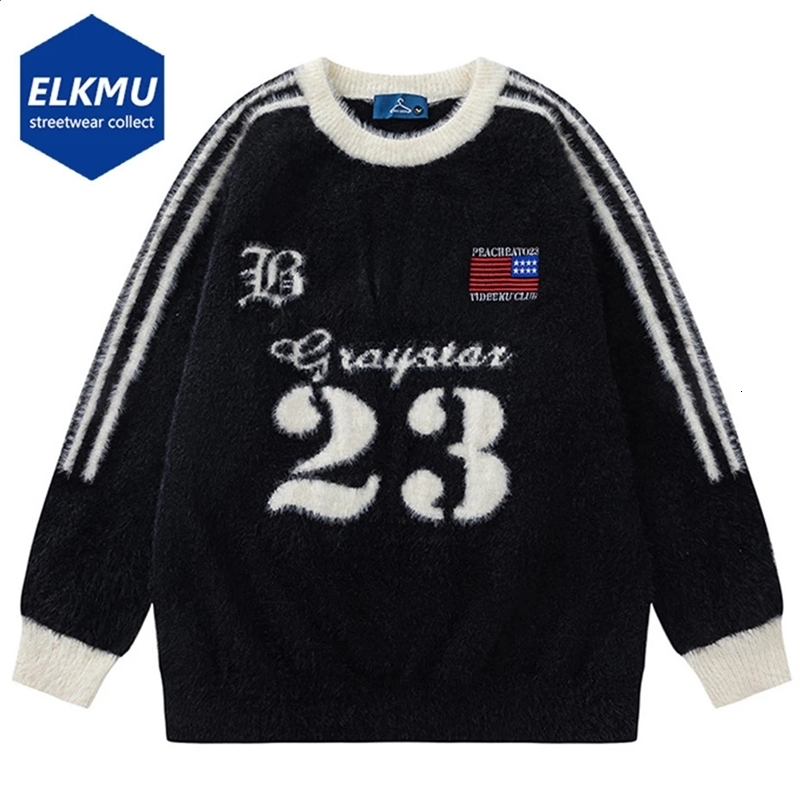 Men Sweaters Letter Striped Black Loose Pullover Sweater Beige Jumper Harajuku Oversized Hip Hop Streetwear Sweater Y2K 240914