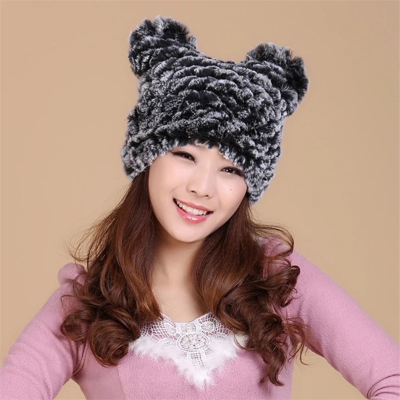 BeanieSkull Caps Real fur hat for ladies thicken kit warm winter sweet cat ear beanies Real rex rabbit gray white hat women fur H436 231215