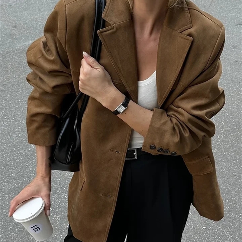 Veste de poche brun vintage Breasure de poche en daim veste femme décontractée manteaux à manches complètes 2024 Automne hiver chauds extérieurs