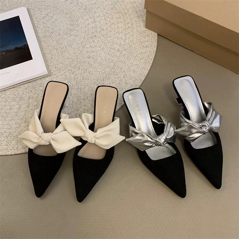 2024 Summer Womens Pointed Toe High Heels Sandals Bow Fashion Flower Womens Shoes Straps Womens Slippers 241113bj