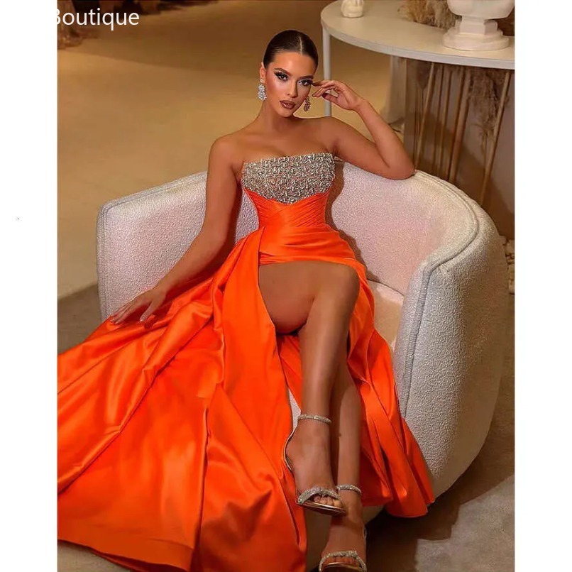2025 Sexy Coral Beaded Prom Dresses Strapless Orange Satin Pleated Evening Gowns Plus size Dress with Side Slit 0923